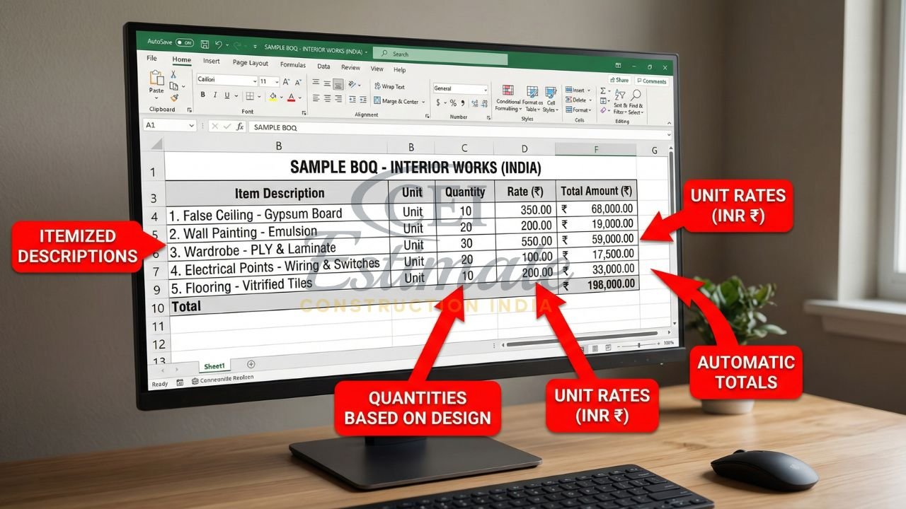 Sample BOQ for interior works in Excel showing itemized descriptions, quantities, unit rates, and automatic total cost calculation in INR