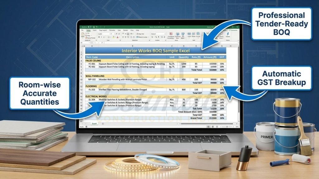 Professional BOQ sample Excel template for interior works in India showing accurate quantities, rates and GST breakup