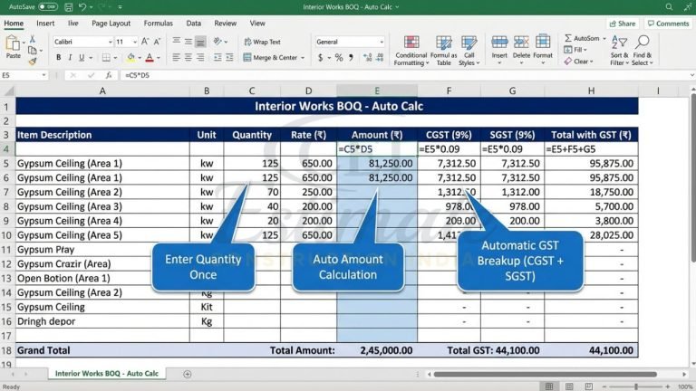 BOQ Sample Excel for Interior Works India