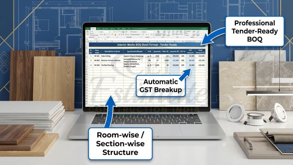 Professional BOQ sheet format Excel template for interior and construction works in India with automatic GST calculation