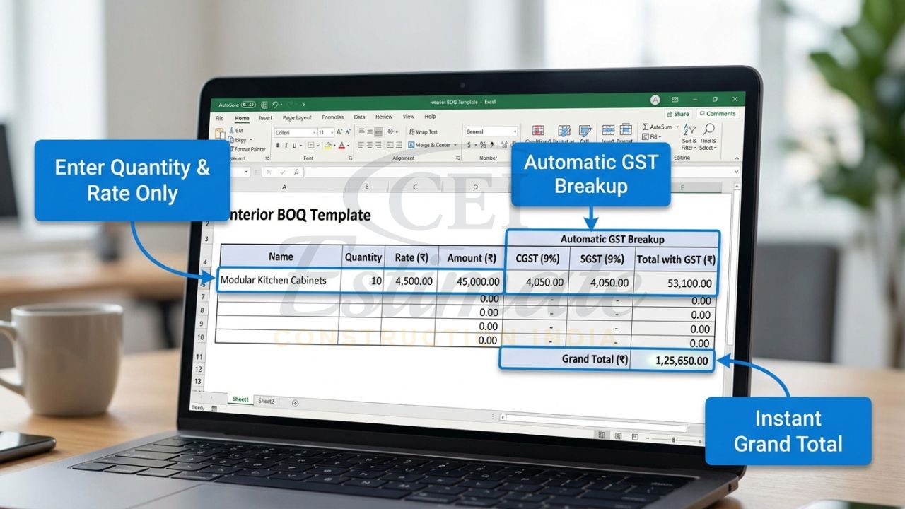 Side-by-side mockup comparing residential and commercial bill of quantities templates for interior works in India