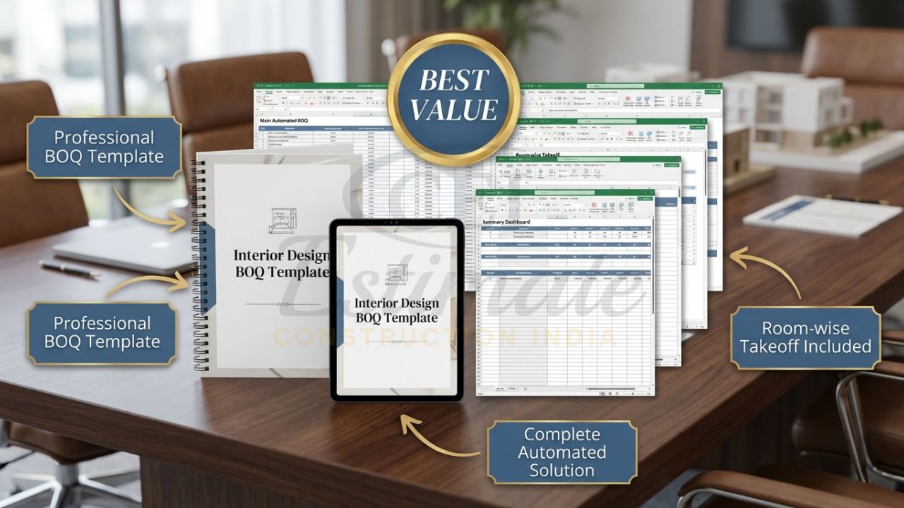Complete automated Interior Design BOQ template bundle mockup for Indian interior professionals