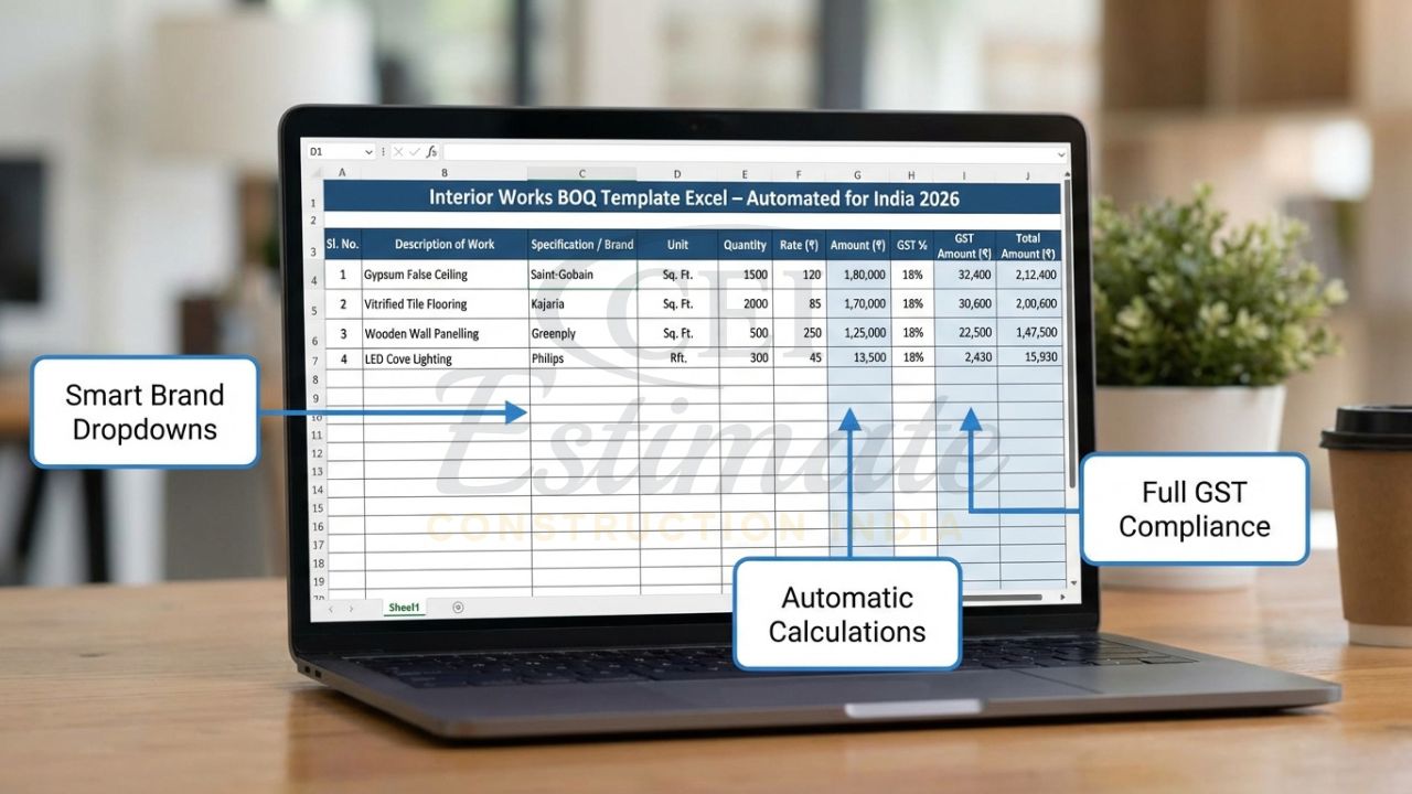Realistic mockup of automated interior works BOQ Excel template showing professional columns and calculations