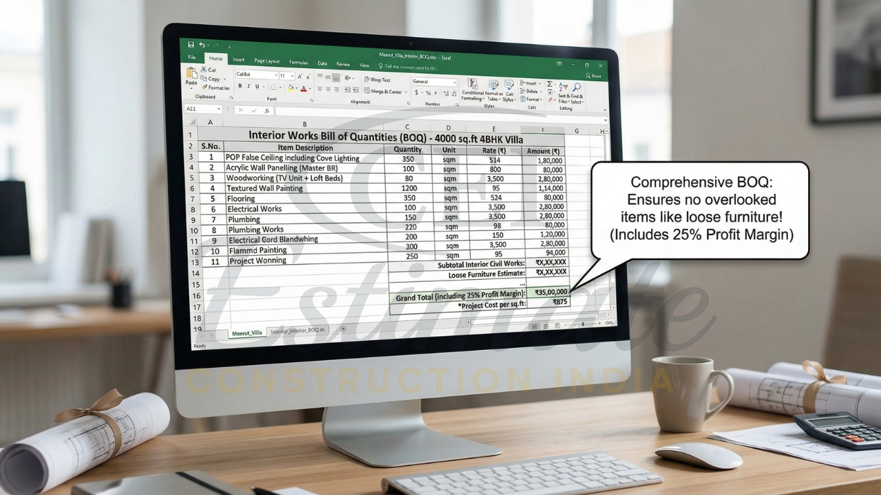 Interior BOQ spreadsheet with material quantities and cost estimation