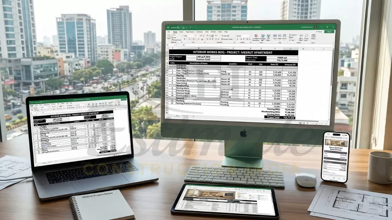 Interior BOQ spreadsheet across multiple devices for construction cost estimation