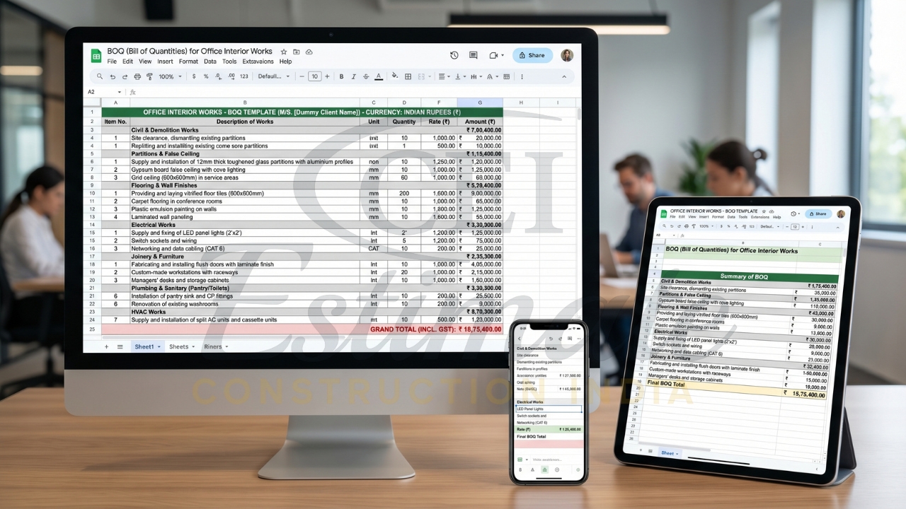 Commercial office interior BOQ spreadsheet with cost breakdown and GST