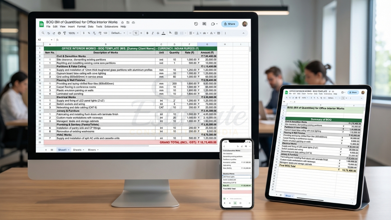 Office interior BOQ template displayed on desktop, tablet, and smartphone screens.