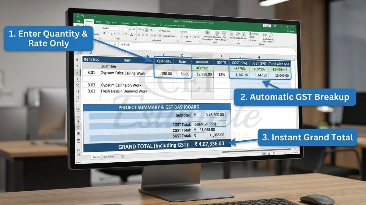 Mockup showing automatic GST breakup and total calculations in the interior works BOQ Excel template