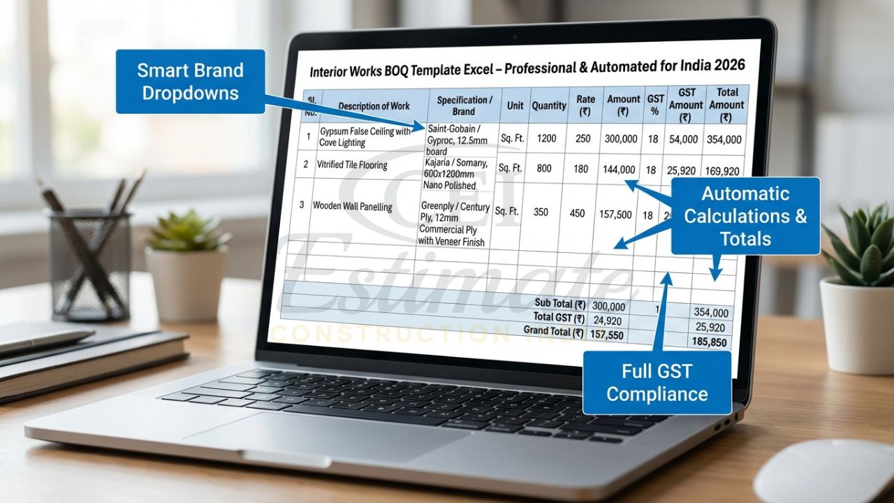 Realistic mockup of automated BOQ template Excel for interior works showing professional columns and calculations
