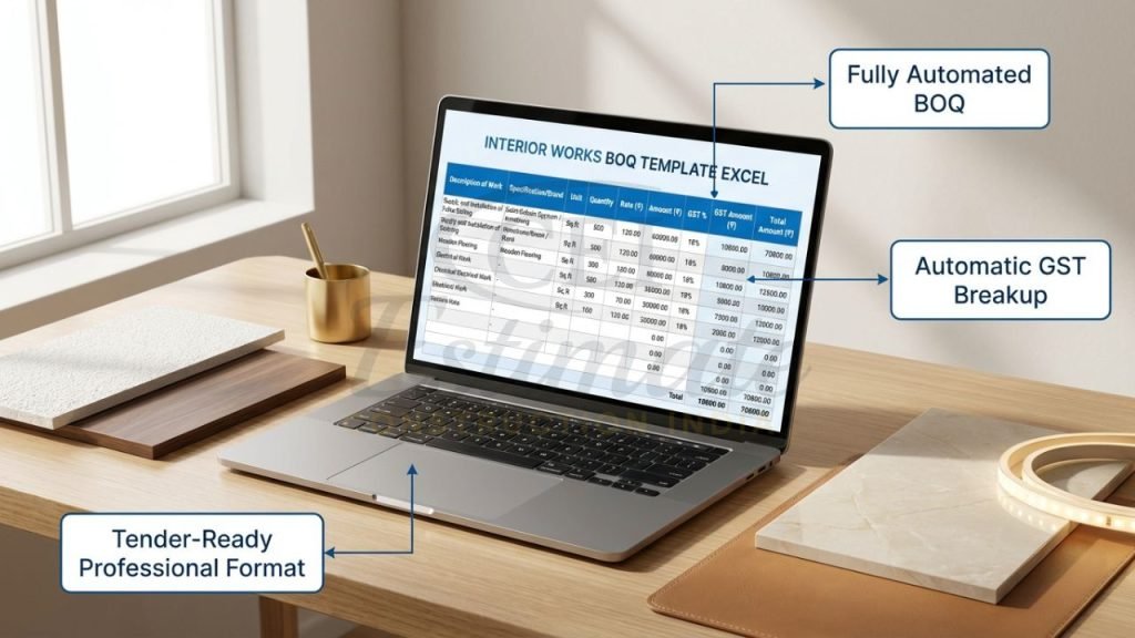 Automated professional Bill of Quantities BOQ template Excel for interior works in India – instant download