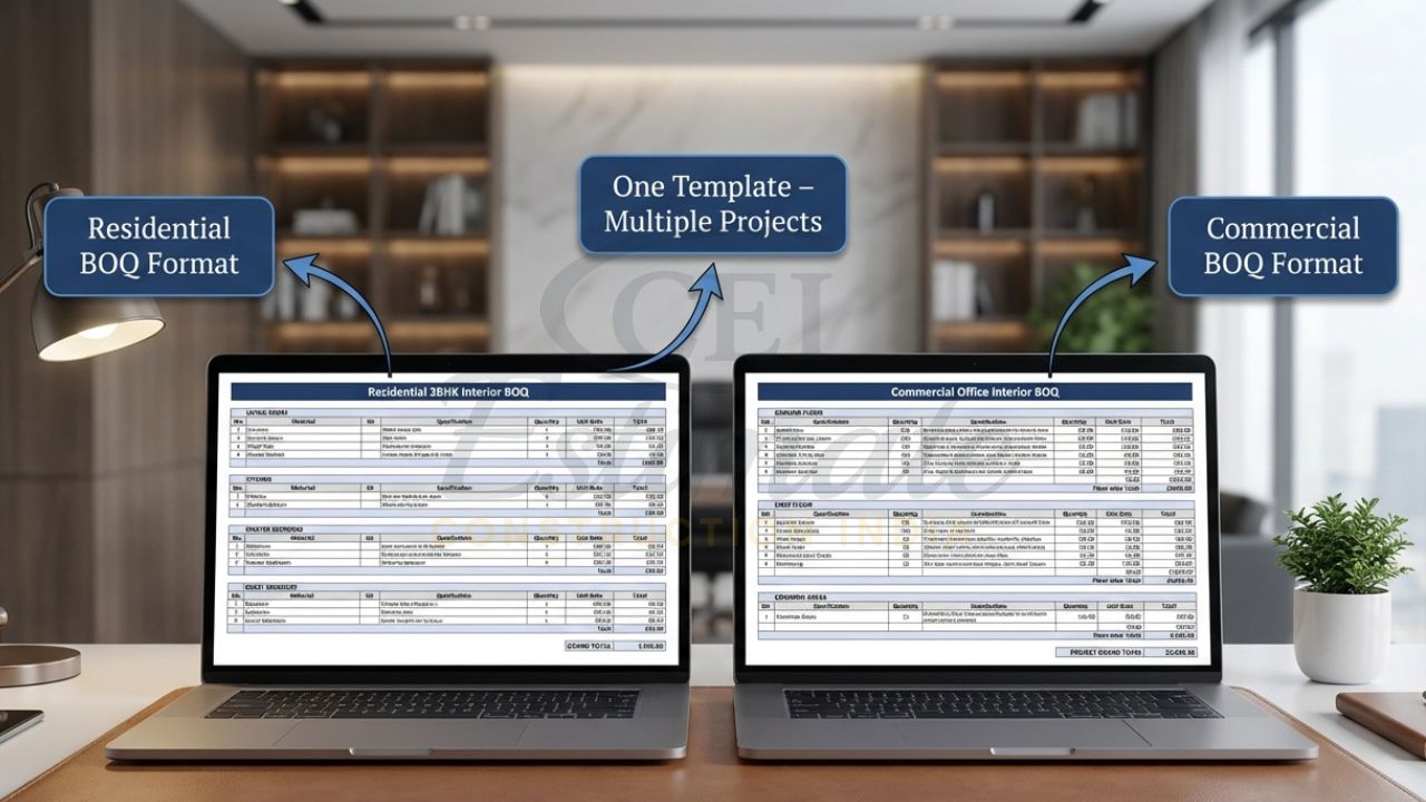 Side-by-side mockup of residential and commercial bill of quantities BOQ templates for interior works