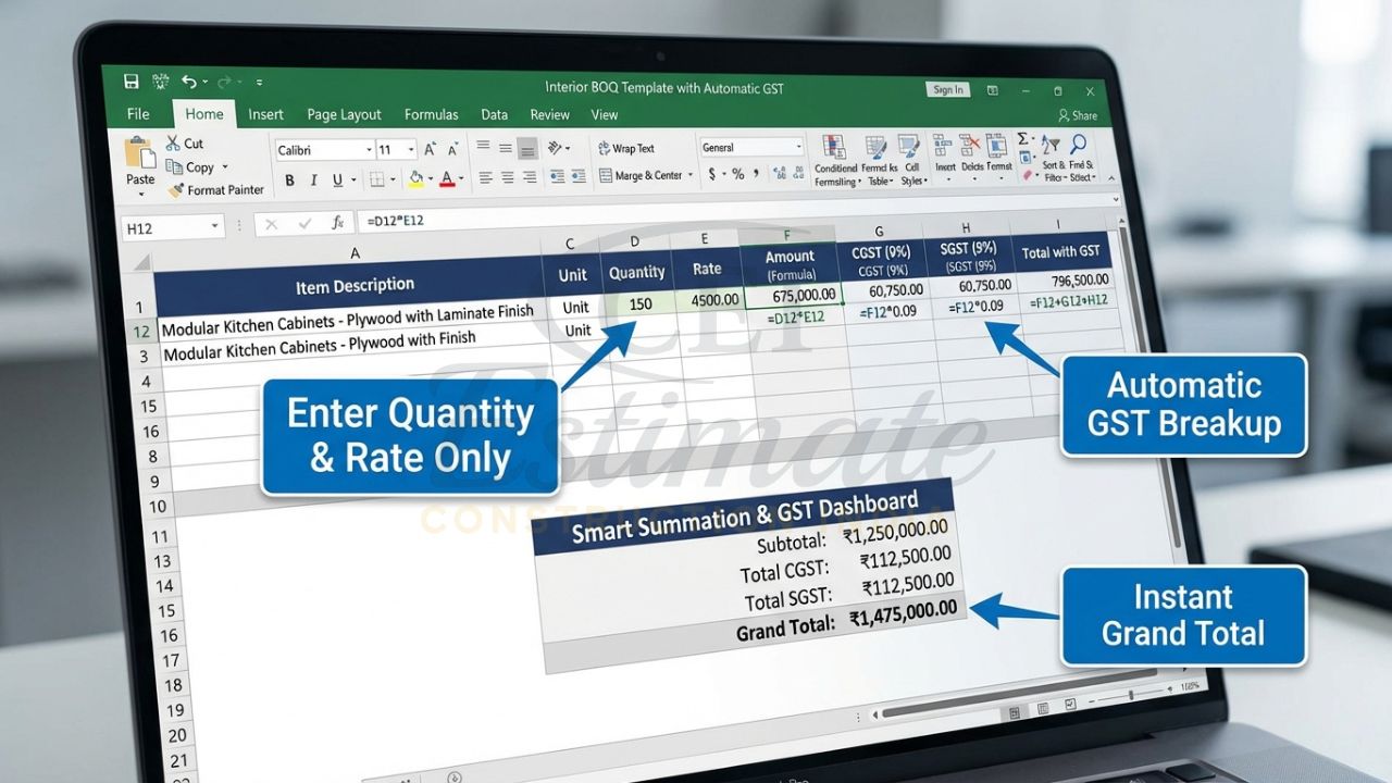 Mockup showing automatic GST breakup and total calculations in the interior works BOQ Excel template