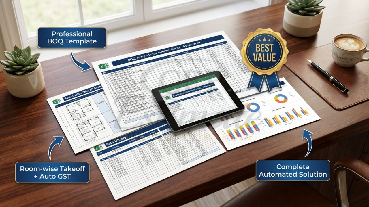 Complete automated BOQ template bundle mockup for interior works in India