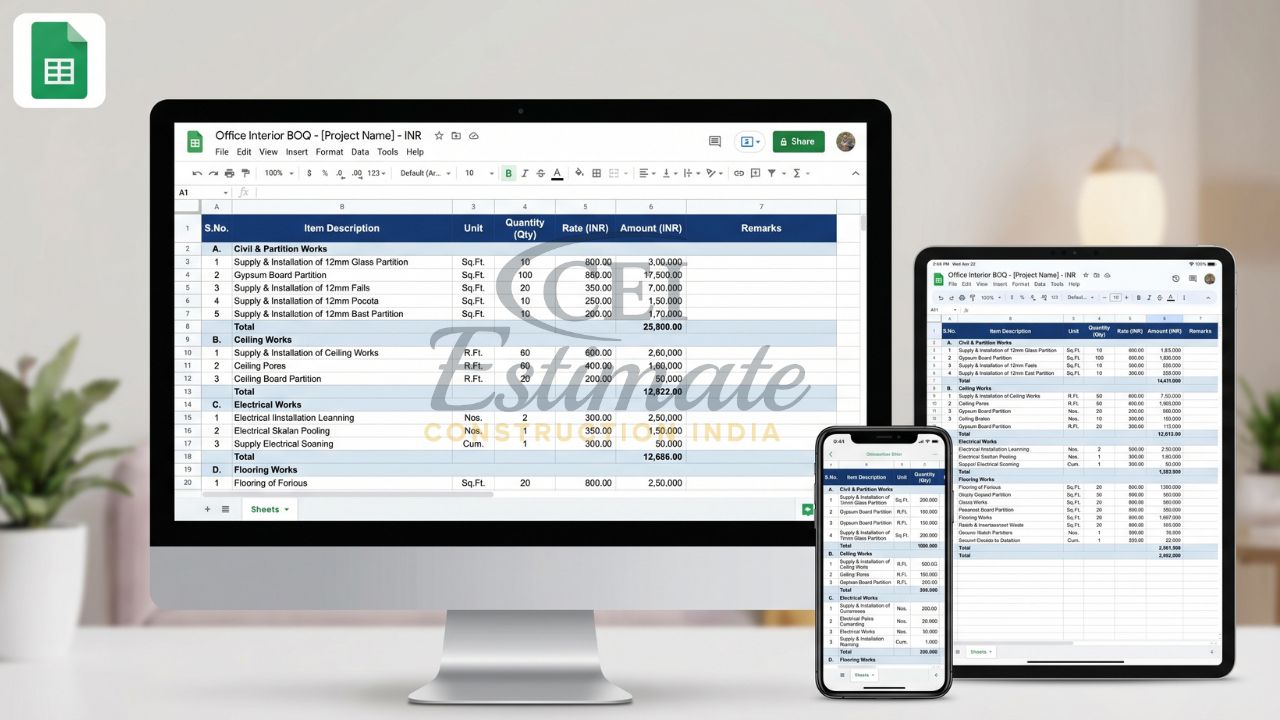 Office interior BOQ Excel template displayed on desktop, tablet, and mobile showing civil, ceiling, electrical, and flooring cost breakdown