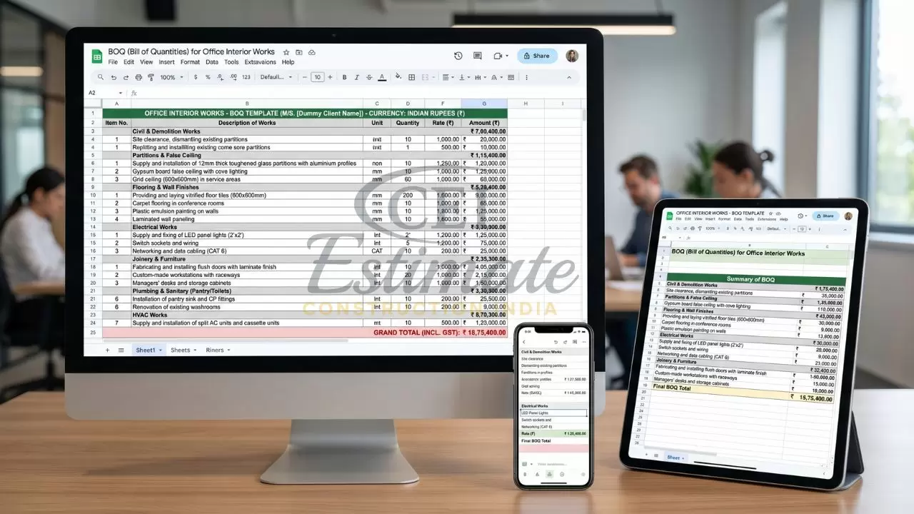 Office interior works BOQ Excel template showing demolition, partition, flooring, electrical, HVAC, and total cost displayed on desktop, tablet, and mobile