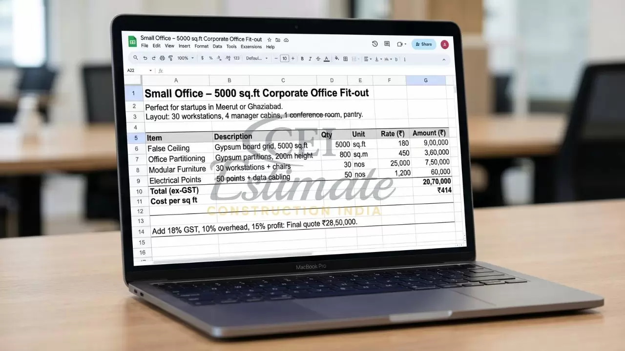 Small office fit-out BOQ Excel sheet for 5000 sq ft corporate office showing false ceiling, partitioning, furniture, electrical points, and total cost