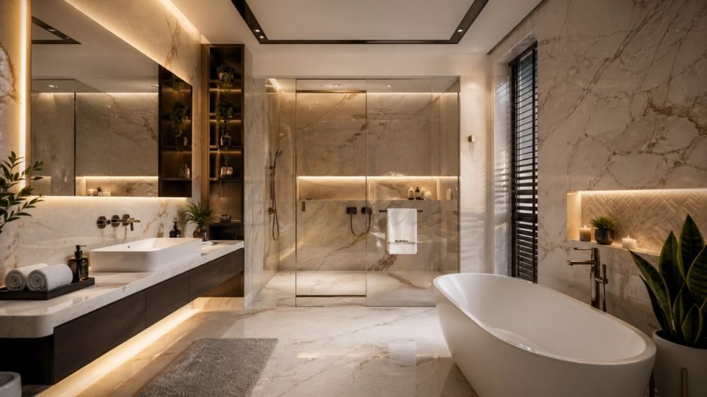 luxury bathroom design india with marble tiles glass shower enclosure bathtub modern vanity and ambient lighting