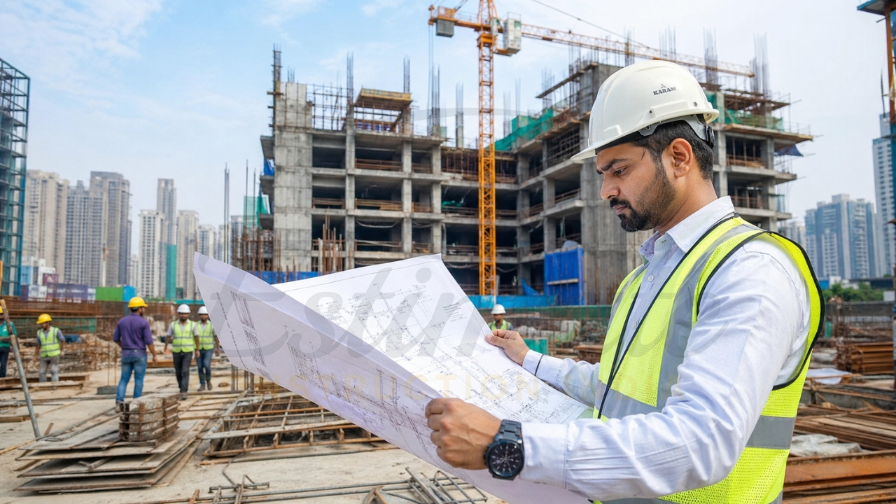 Civil contractor reviewing project drawings at construction site India