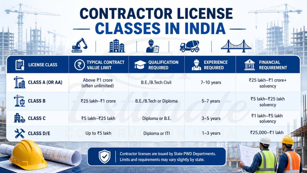 Contractor license classes in India chart showing Class A to D/E with contract limits, qualifications, experience, and financial requirements.