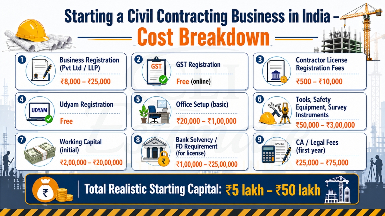 Cost breakdown for starting a civil contracting business in India, including registration, equipment, office setup, and total capital.