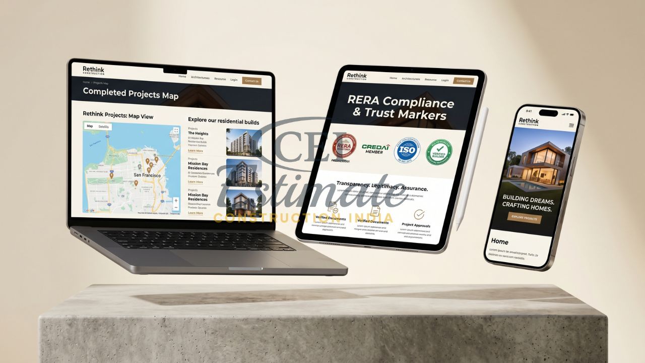 Residential builder website showing project map RERA compliance certifications and trust badges on desktop tablet and mobile