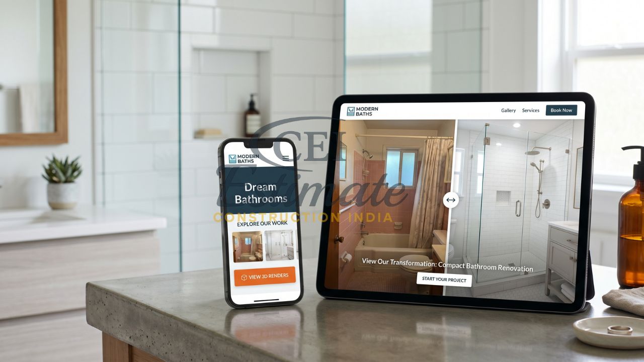 Bathroom renovation website with before and after transformation slider displayed on tablet and mobile devices