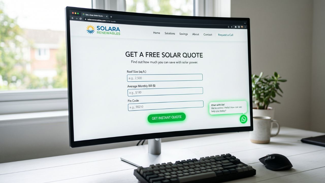 Solar quote request form on website with input fields for roof size, electricity bill, and instant quote button