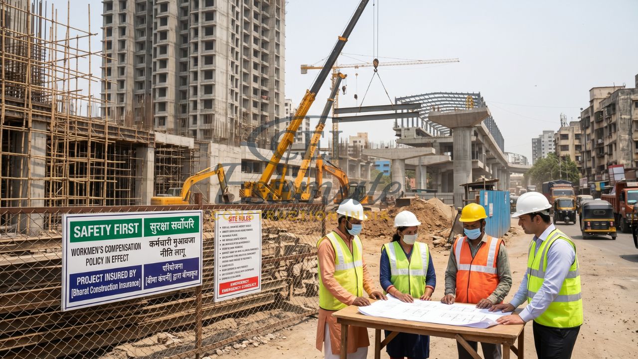 Construction site in India with workers reviewing plans and workmen compensation insurance safety board displayed