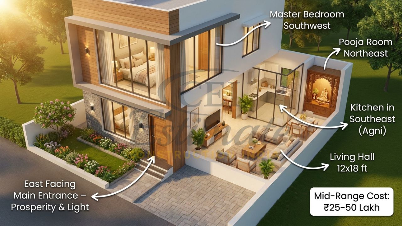 Vastu compliant east facing 1200 sq ft 3BHK house 3D render with morning sunlight
