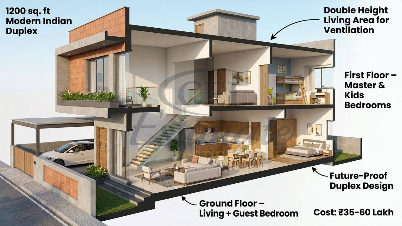 Modern duplex 3BHK house 3D render showing ground and first floor layout