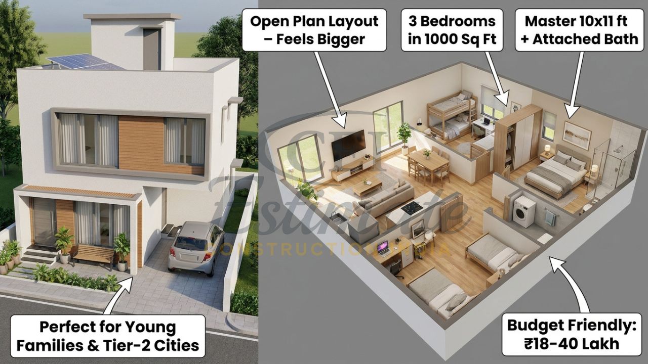Compact 1000 square feet 3BHK house 3D render for small plots and middle-class budget