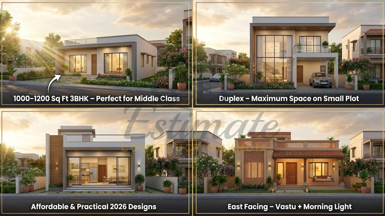Modern and practical 1000-1200 sq ft 3BHK house 3D renders for middle-class Indian families