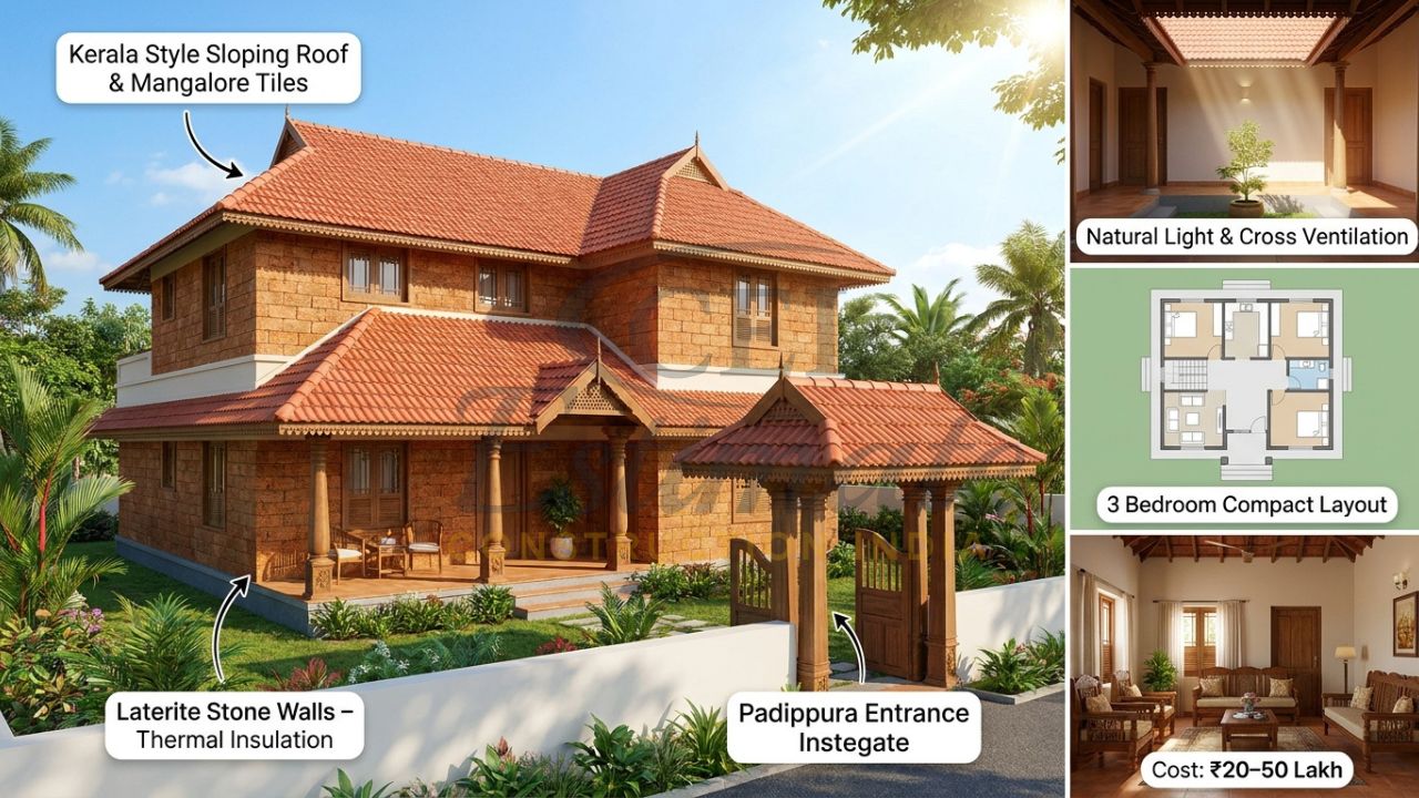 Traditional Kerala architecture 3 bedroom house with sloping roof and courtyard