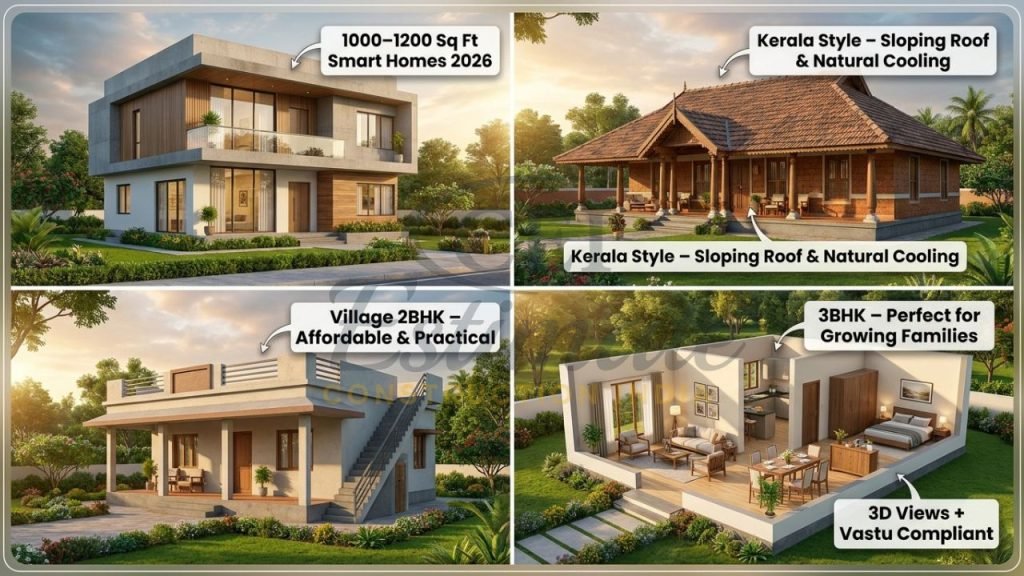 3D rendered 1000-1200 sq ft house plans including village, Kerala style and modern 3BHK homes in India 2026