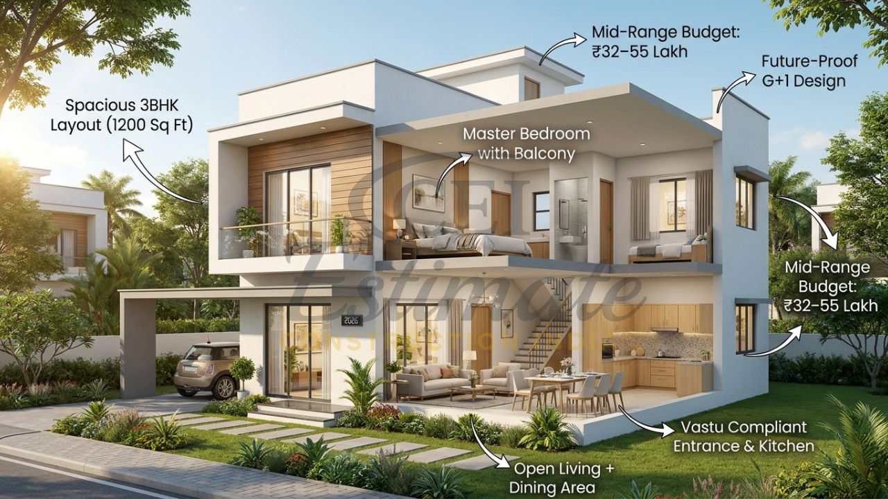Modern 1200 square feet 3 bedroom house 3D render with open living area
