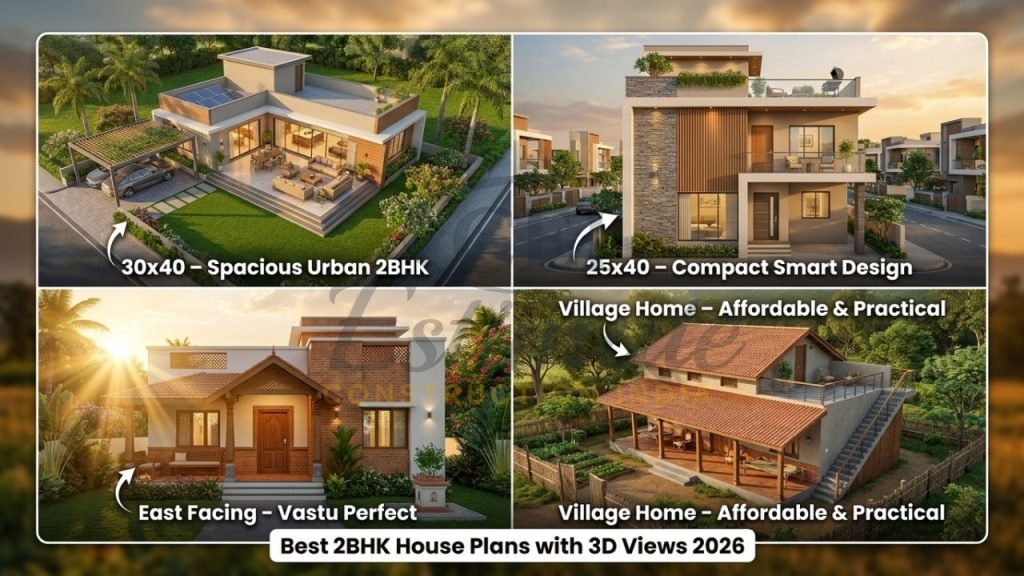 Modern 2BHK house 3D renders for 25x40, 30x40, east facing and village plots in India 2026