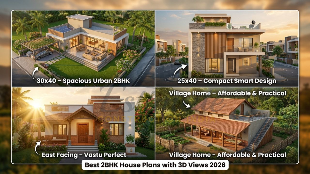 Modern 2BHK house 3D renders for 25x40, 30x40, east facing and village plots in India 2026