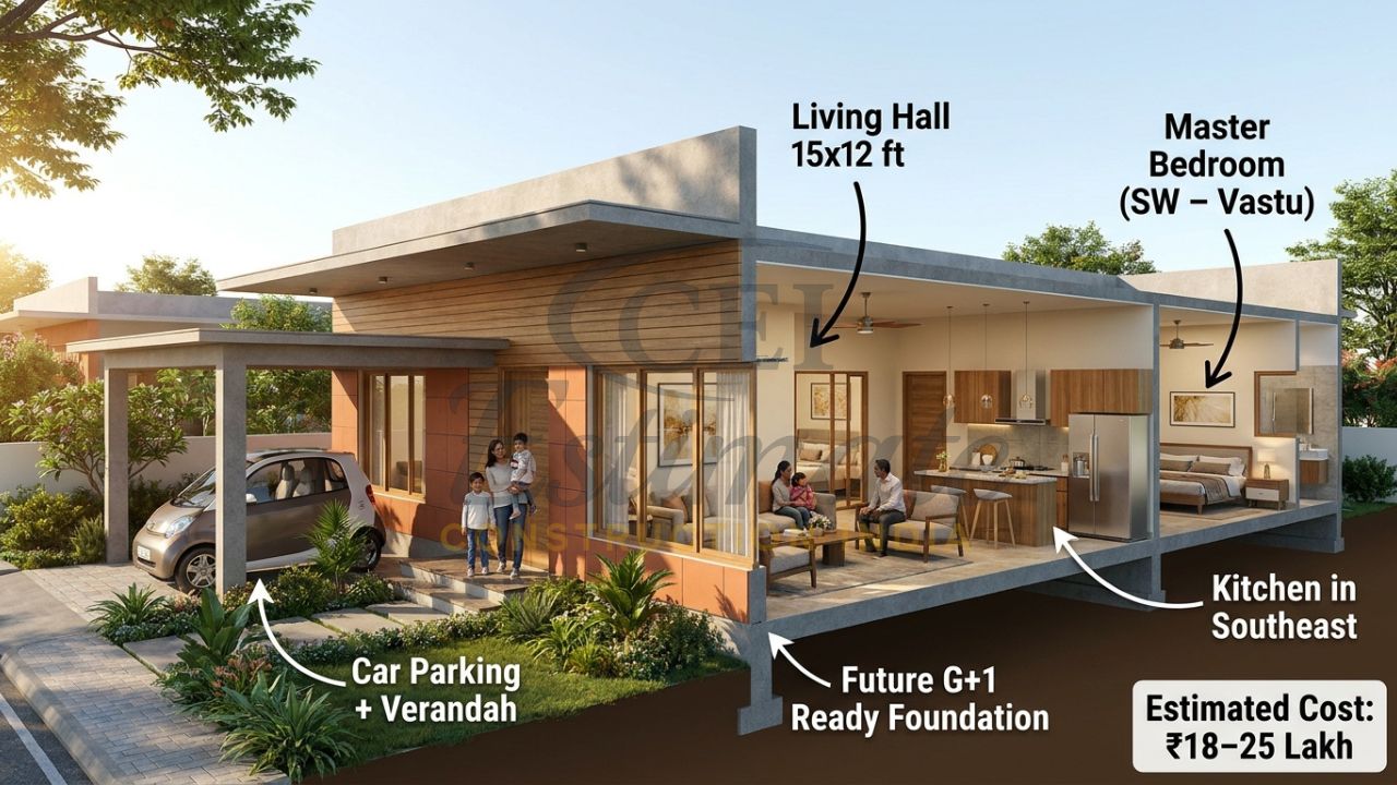3D rendered view of a 30x40 plot 2BHK house with living room, bedrooms and car parking