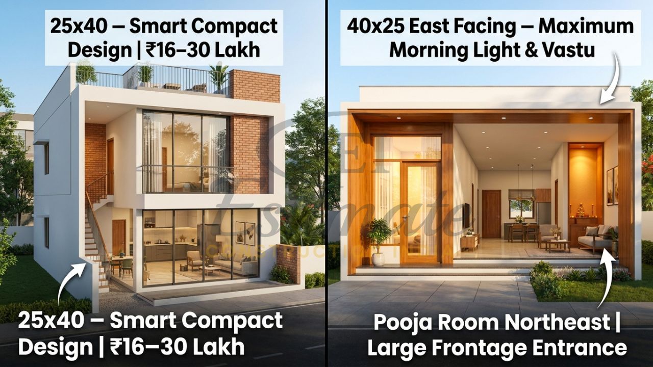 Side-by-side 3D renders of 25x40 compact and 40x25 east facing 2BHK homes