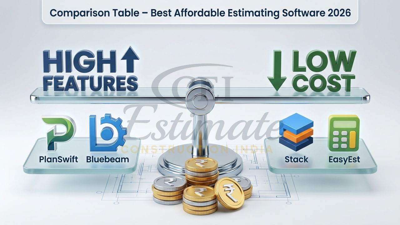Infographic comparing the price and features of affordable construction estimating software in India.