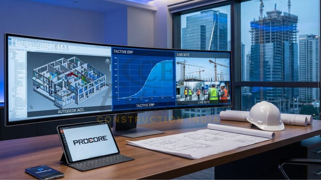 Best construction software in India 2026 showing Procore, TACTIVE, and Autodesk interfaces.