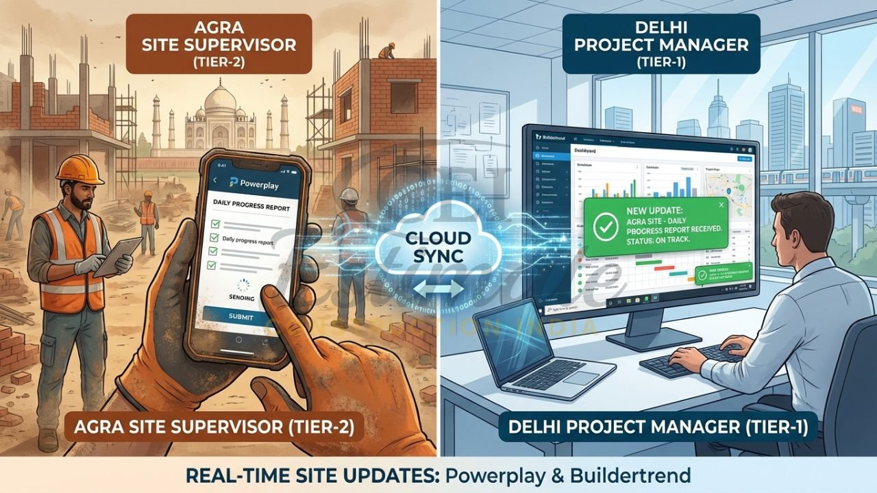 Real-time site progress tracking using mobile construction apps in India.