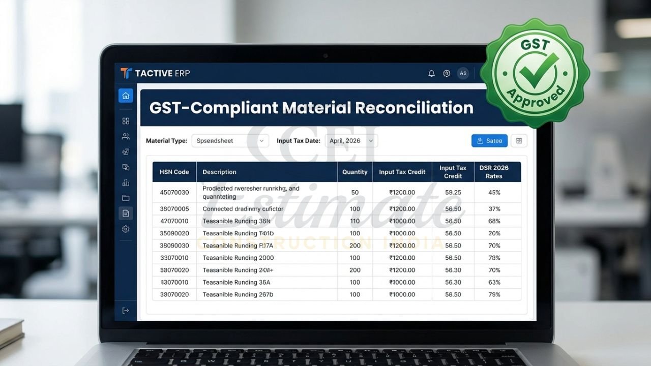 GST-compliant construction ERP software interface showing material reconciliation and DSR rates.