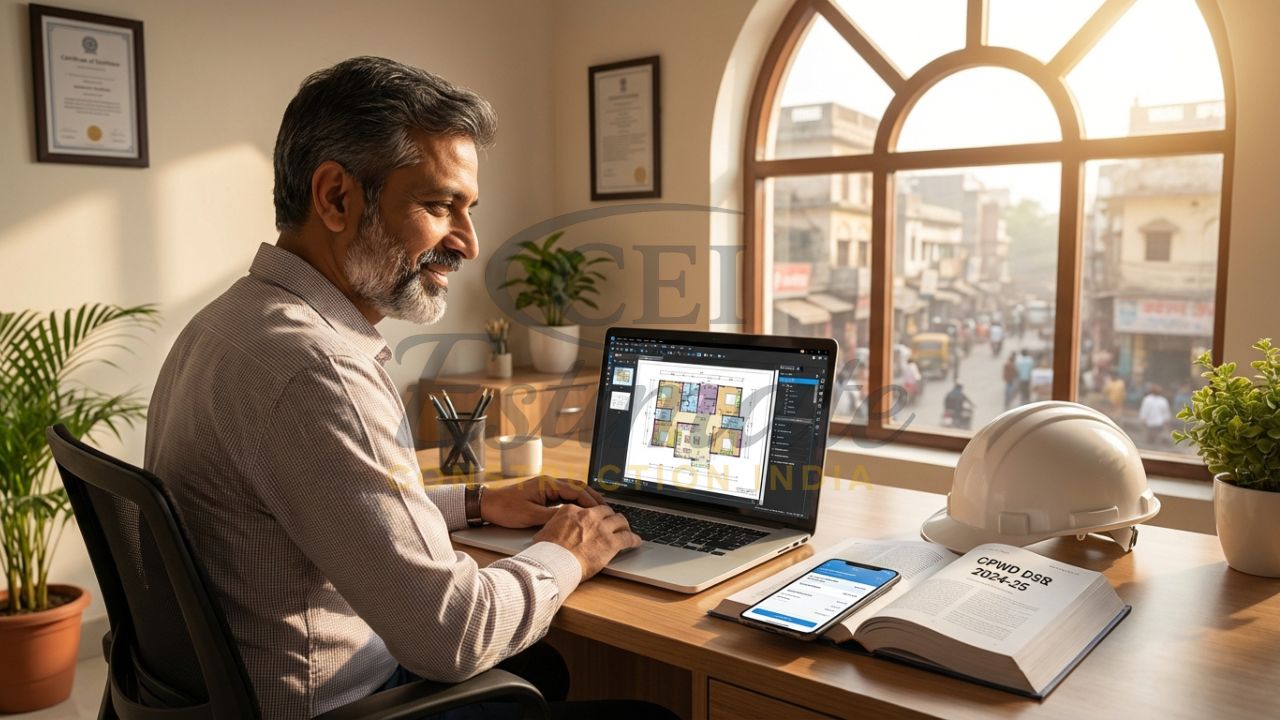 Best affordable construction estimating software for Indian contractors 2026 showing Bluebeam and DSR books.