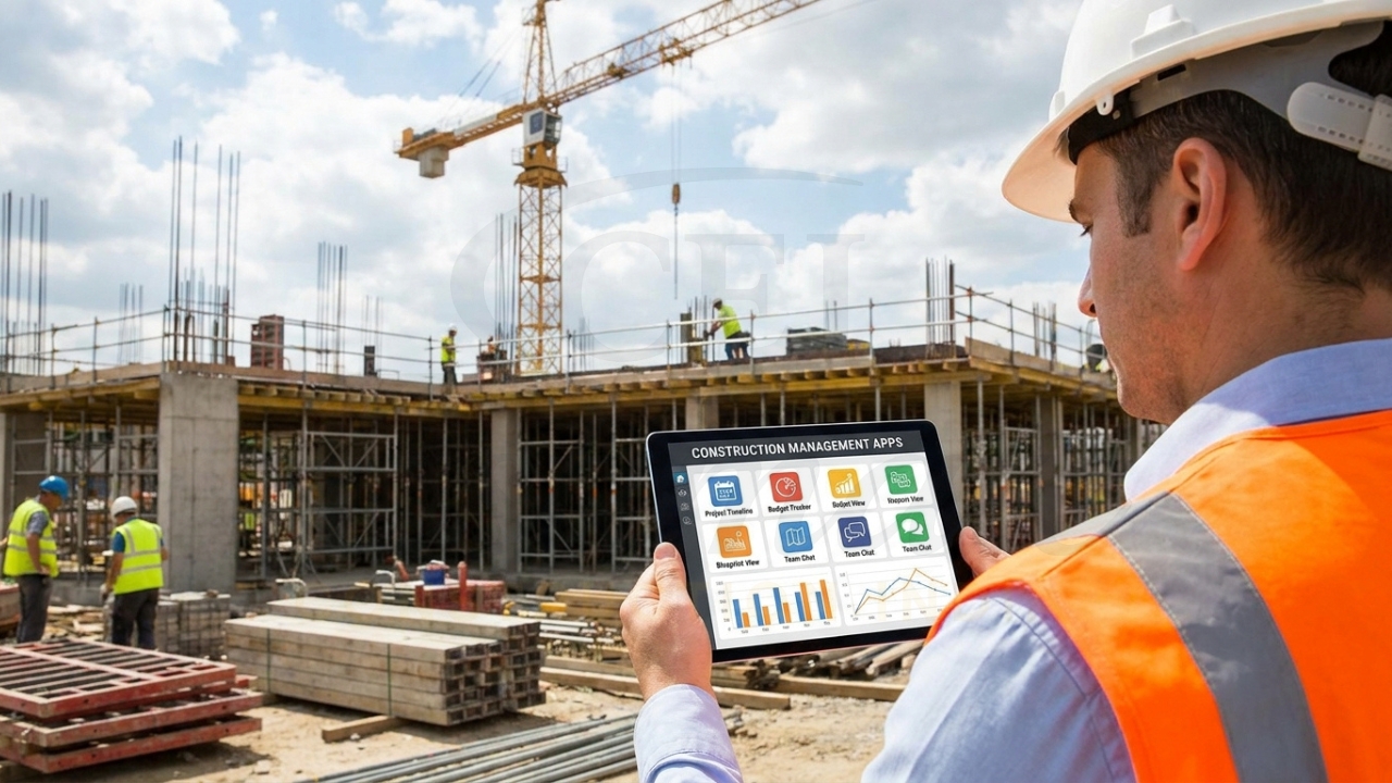 Construction manager using a tablet with construction management apps on-site with workers and building structure in background.