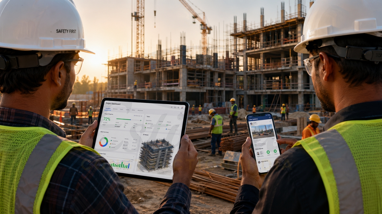 Construction engineers using tablet and smartphone apps on-site to monitor project progress and manage construction activities.