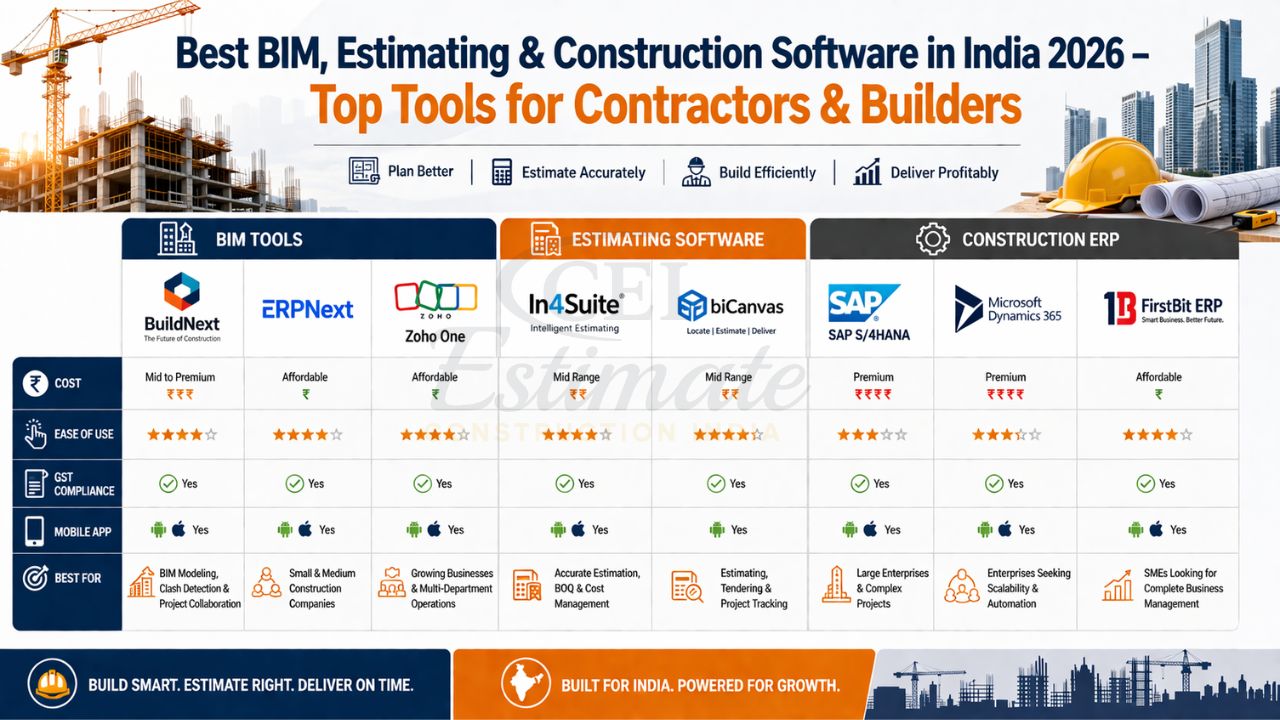best BIM estimating and construction ERP software in India comparison showing tools for contractors builders with cost features and project management