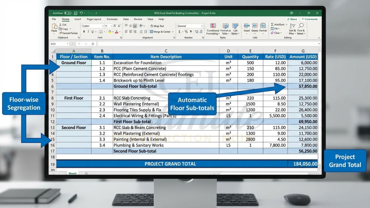 Floor-wise BOQ excel sheet for building construction showing breakup by floors with automatic totals