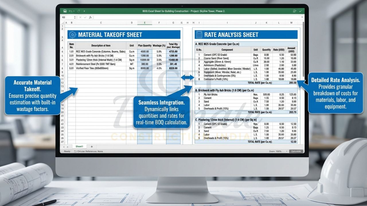 Material takeoff and rate analysis sheets in BOQ excel sheet for building construction