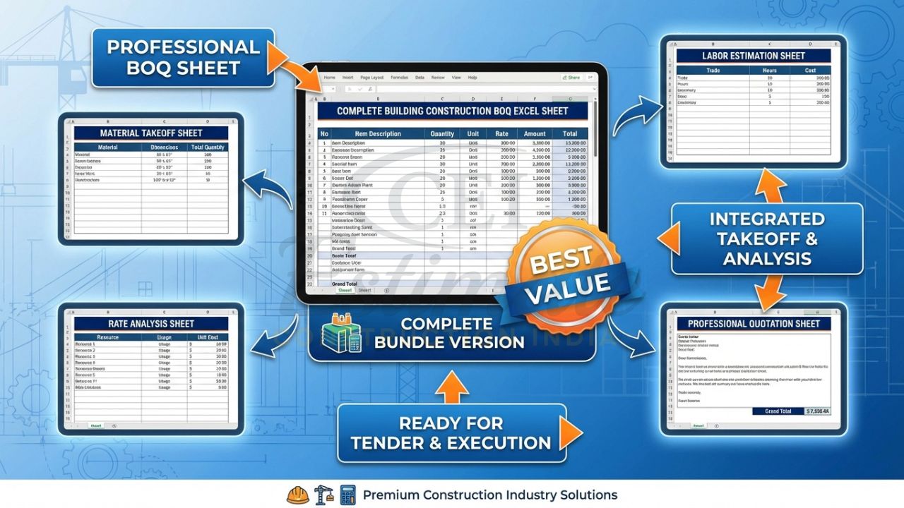 Complete construction BOQ excel sheet bundle with takeoff, rate analysis and quotation for Indian contractors